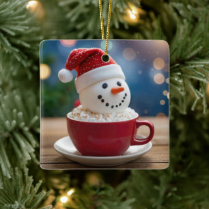 Christmas Snowman In Hot Cocoa Ceramic Ornament
