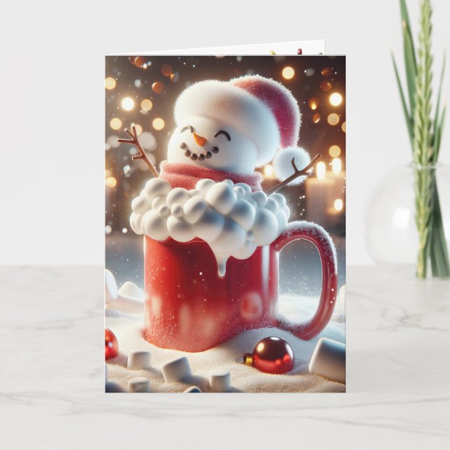Christmas Snowman In Red Mug Holiday Card (Front)
