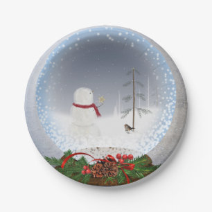Christmas snowman in snow globe paper plate