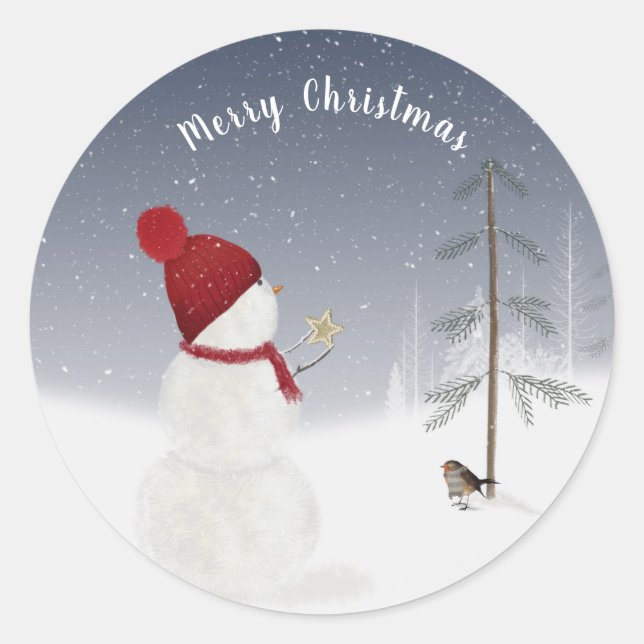 Christmas snowman in snowflakes classic round sticker (Front)