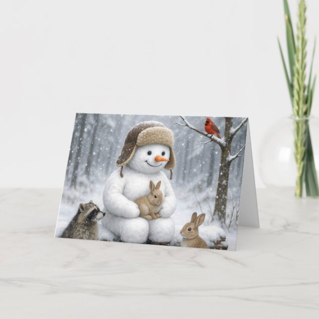 Christmas Snowman In Winter Woods With Animal Card (Front)