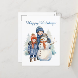 Christmas snowman kids add text watercolor Holiday Postcard