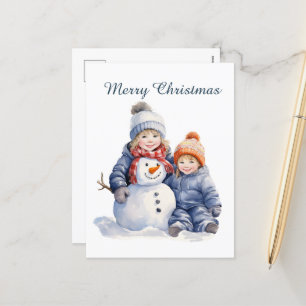 Christmas snowman kids add text watercolor Holiday Postcard