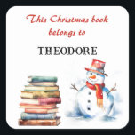 Christmas Snowman Kids This Book Belongs To Name Square Sticker<br><div class="desc">Inspire the wonder of reading this Christmas, with this cute bookplate sticker. The words are 'This Christmas book belongs to' in red script typography, followed by the recipient's name (click 'Personalise' to enter the name you would like). The festive sticker is decorated with a watercolor-style picture of a jolly snowman...</div>