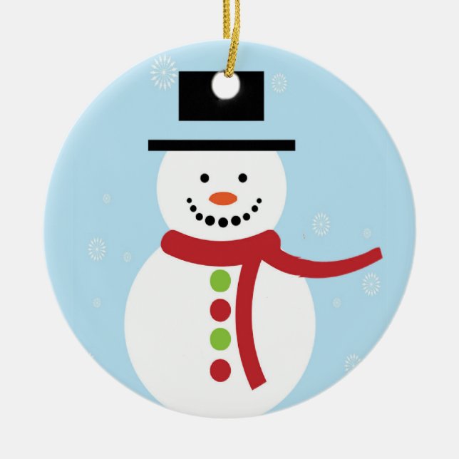 Christmas snowman on blue ceramic ornament (Front)