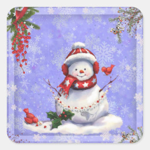 Christmas Snowman on Blue with Snowflakes  Square Sticker