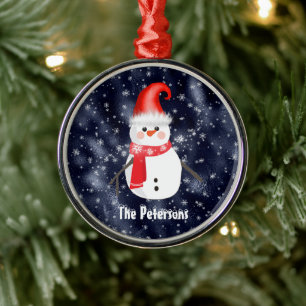 Christmas Snowman on Dark Blue Snowy Background Metal Ornament