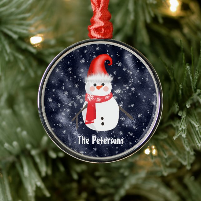Christmas Snowman on Dark Blue Snowy Background Metal Ornament (Tree)