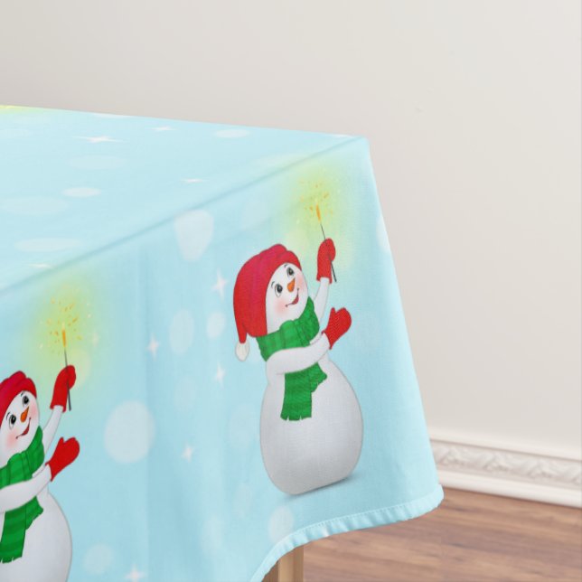 Christmas Snowman on Light Blue Tablecloth (In Situ)