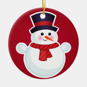 Christmas Snowman on Red Background Ceramic Tree Decoration
