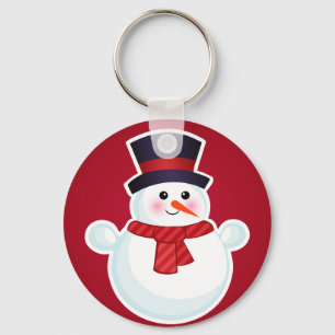 Christmas Snowman on Red Background Key Ring