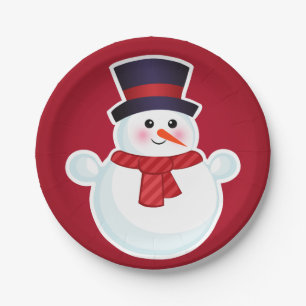 Christmas Snowman on Red Background Paper Plate
