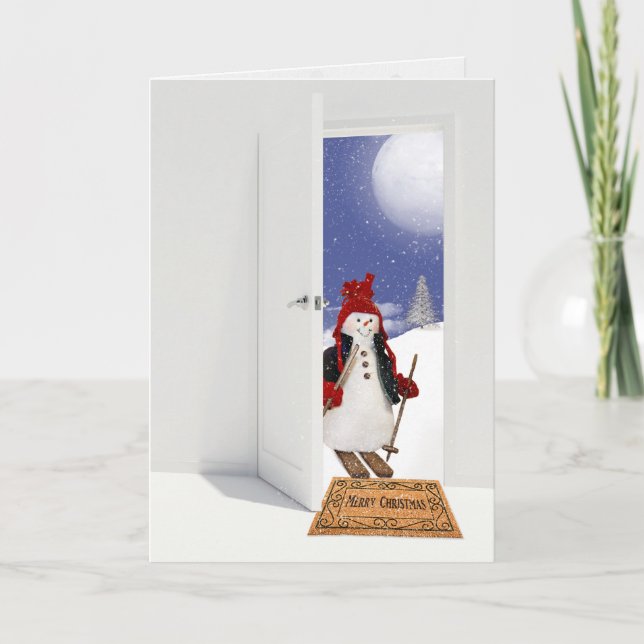 Christmas snowman on skis in doorway holiday card (Front)