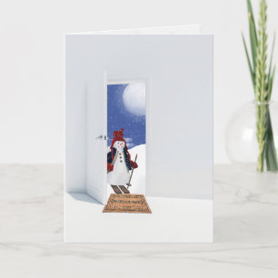 Christmas snowman on skis in doorway holiday card
