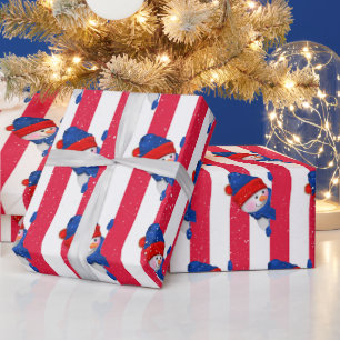  Christmas Snowman On Stripes and Snowflakes  Wrapping Paper