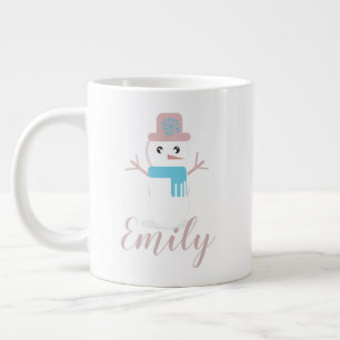 Christmas Snowman Pastel Pink Name Large Coffee Mug