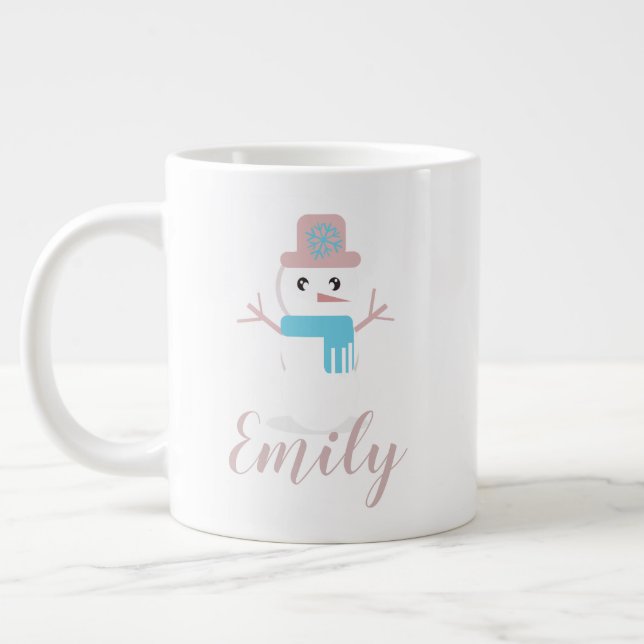 Christmas Snowman Pastel Pink Name  Large Coffee Mug (Left)
