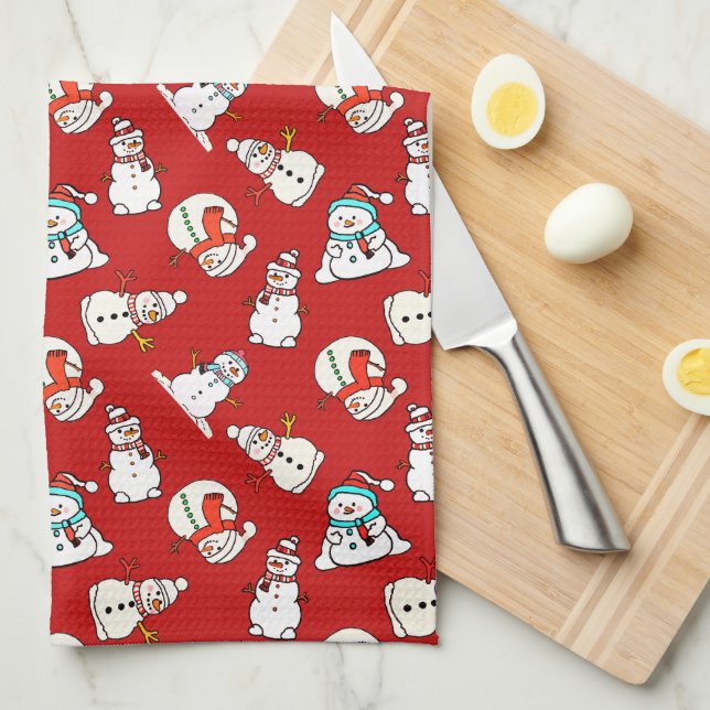 Christmas Snowman Pattern Red Tea Towel (Quarter Fold)