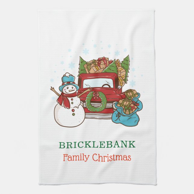 Christmas Snowman Personalised Family Tea Towel (Vertical)