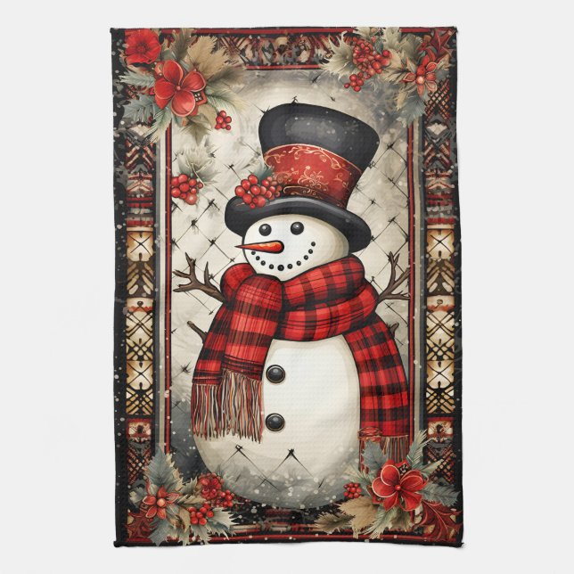Christmas Snowman Plaid Scarf Red Flowers Tea Towel (Vertical)