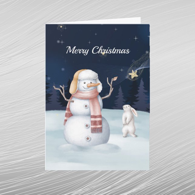 Christmas Snowman Rabbit Star Watercolor Night  Holiday Card (Creator Uploaded)