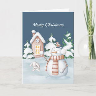 Christmas Snowman Rabbit Trees Snowball Watercolor Holiday Card