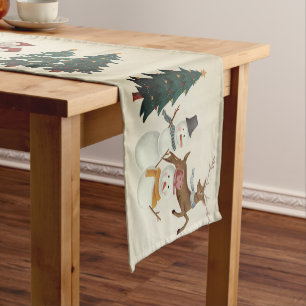 Christmas Snowman Reindeer Scene Table Runner