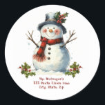 Christmas Snowman Return Address  Classic Round Sticker<br><div class="desc">Add this Christmas Snowman Return Address Classic Round Sticker to your Holiday Christmas Mailings. These cute, festive Stickers are designed with a Jolly Snowman, dress in a Black Hat and Red Scarf and accents of Green and Red Holly Branches on a white background. The text includes: Your Family Name and...</div>