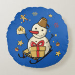 Christmas Snowman Round Cushion<br><div class="desc">A cute snowman on a sleigh with a present,  a little letter and Christmas decorations.</div>