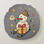 Christmas Snowman Round Cushion<br><div class="desc">A cute snowman on a sleigh with a present,  a little letter and Christmas decorations.</div>