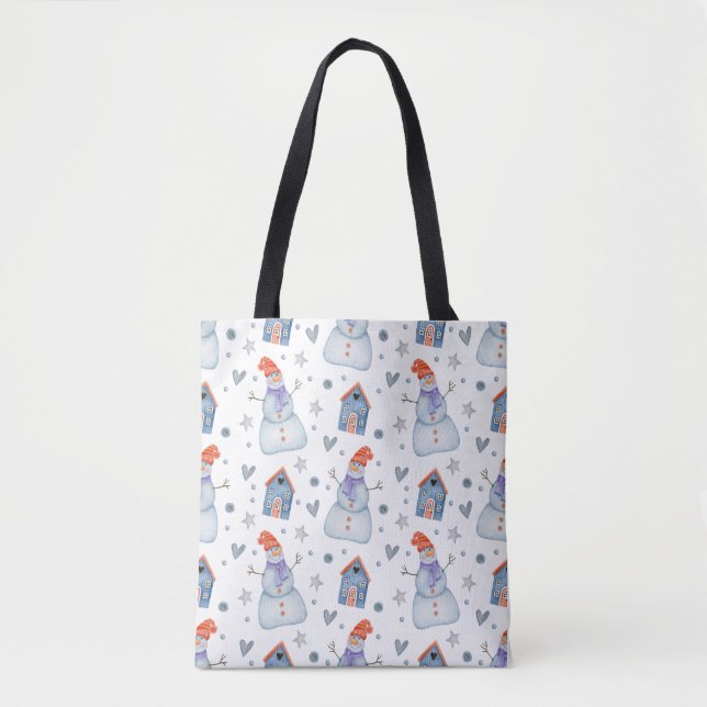 Christmas Snowman Seamless Pattern Holiday Tote Bag (Front)