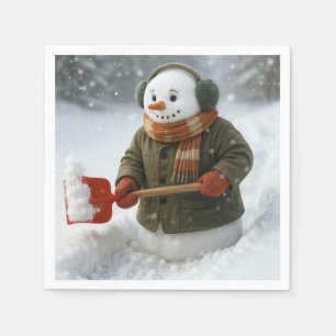 Christmas Snowman Shoveling Snow Napkin