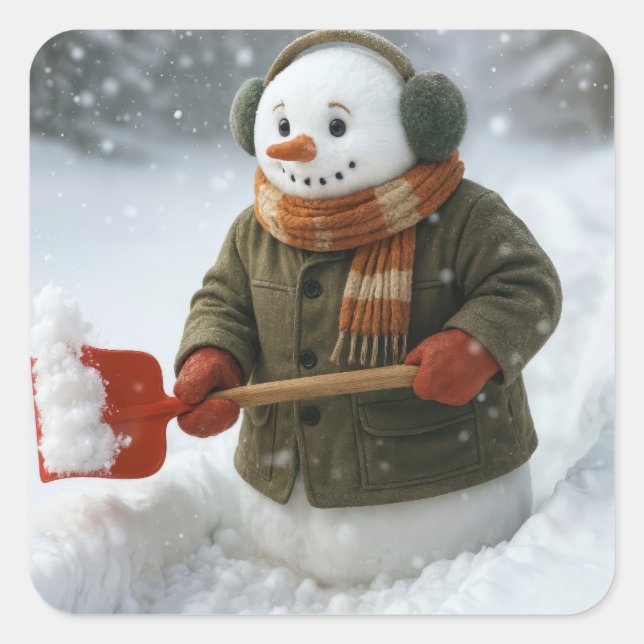 Christmas Snowman Shoveling Snow Square Sticker (Front)
