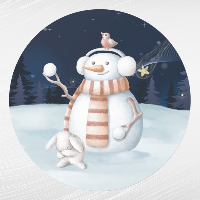 Christmas Snowman Snowballs Rabbit Watercolor Classic Round Sticker (Creator Uploaded)