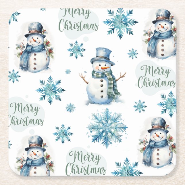 Christmas Snowman Square Paper Coaster (Front)