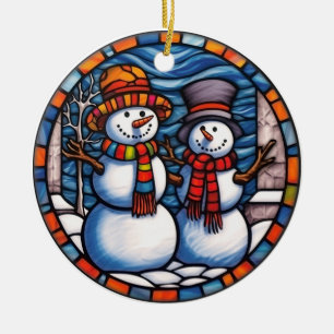 Christmas Snowman stained glass style Ceramic Ornament