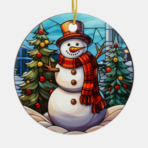 Christmas Snowman stained glass style Ceramic Ornament