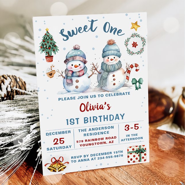 Christmas Snowman Sweet One Holiday 1st Birthday Invitation (Creator Uploaded)