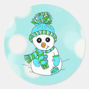 Christmas Snowman Teal Background Holiday Seasonal Classic Round Sticker