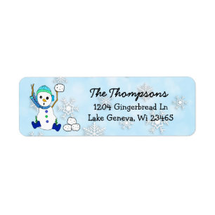 Christmas Snowman Throwing Snowball Background Return Address Label