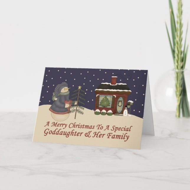 Christmas Snowman To Special Goddaughter & Family Holiday Card (Front)