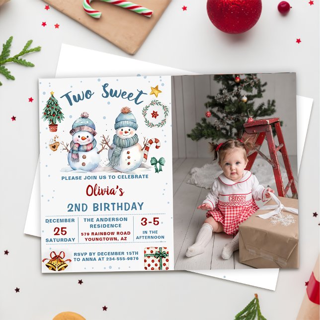 Christmas Snowman Two Sweet  2nd Birthday Photo Invitation (Creator Uploaded)