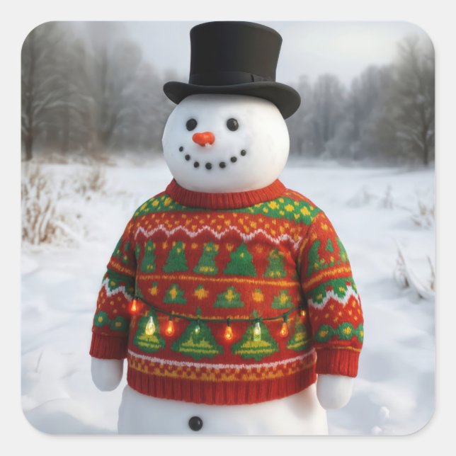Christmas Snowman Wearing an Ugly Sweater Square Sticker (Front)