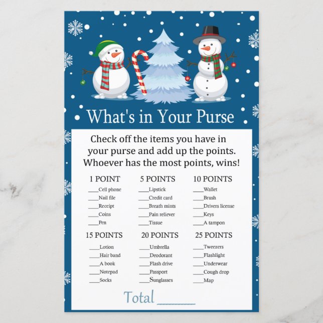 Christmas Snowman What's in your purse game (Front)