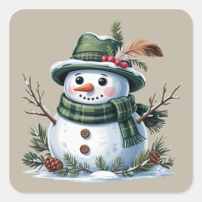 Christmas Snowman Winter Season Holiday Square Sticker (Front)
