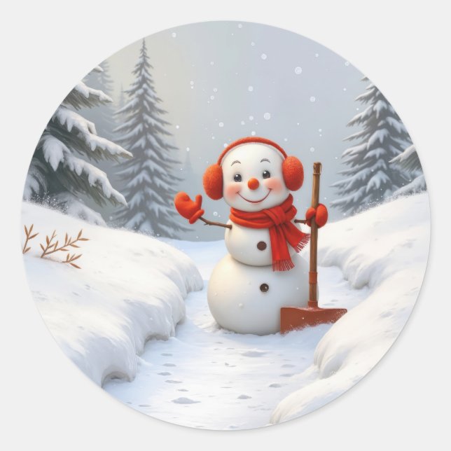 Christmas Snowman with a Red Shovel Classic Round Sticker (Front)