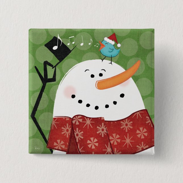 Christmas Snowman with Bird 15 Cm Square Badge (Front)