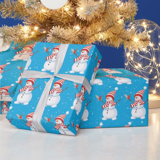Christmas Snowman with Bird on Aqua Wrapping Paper (Holidays)