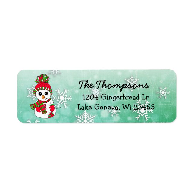 Christmas Snowman with blue Snowflake Background Return Address Label (Front)