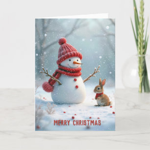 Christmas Snowman With Bunny Holiday Card